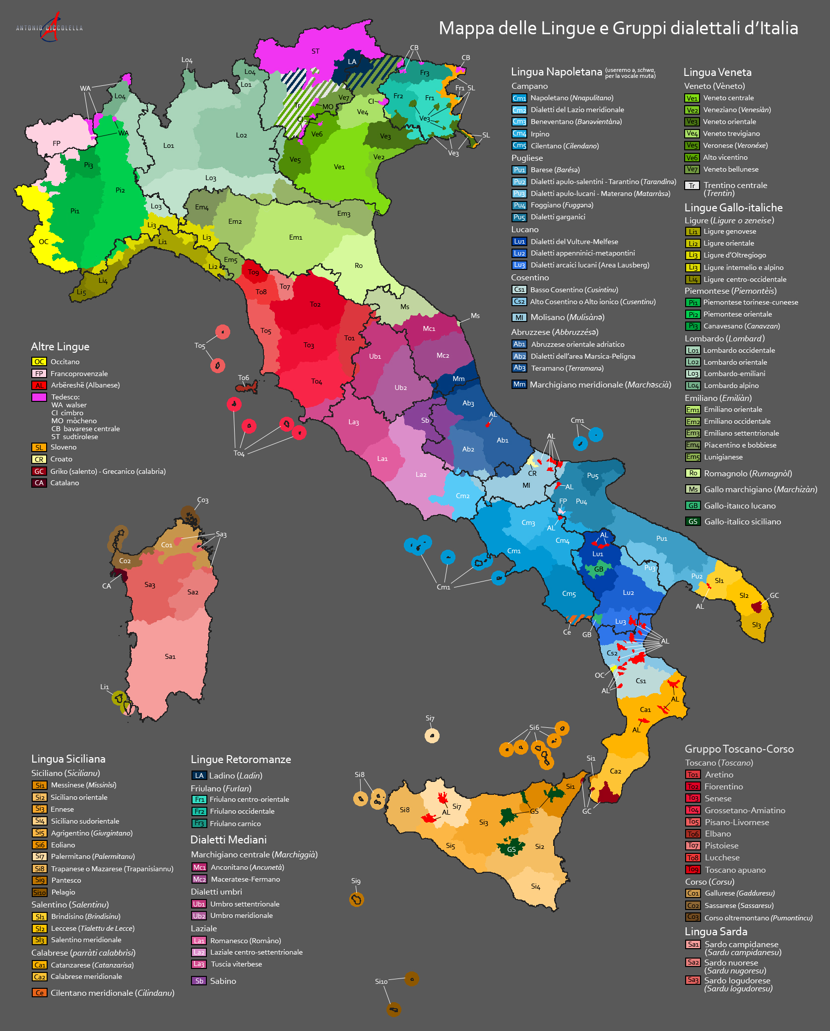 Mappa delle Lingue e Gruppi dialettali d'Italia (Map of the language and dialect groups of Italy)